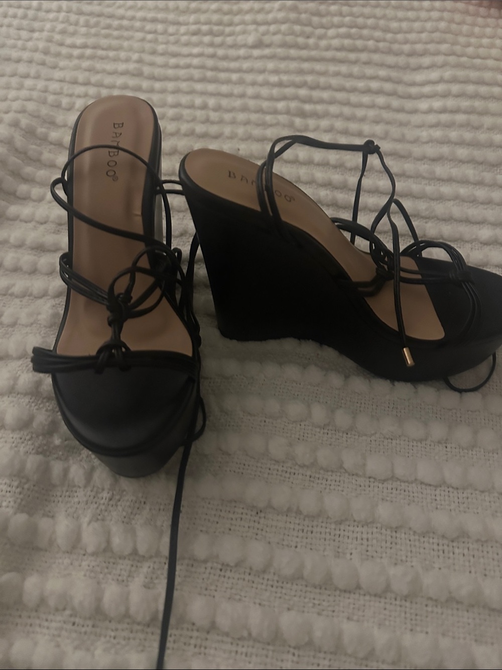 BAMBOO Black Lace-Up Platform Wedge Sandals